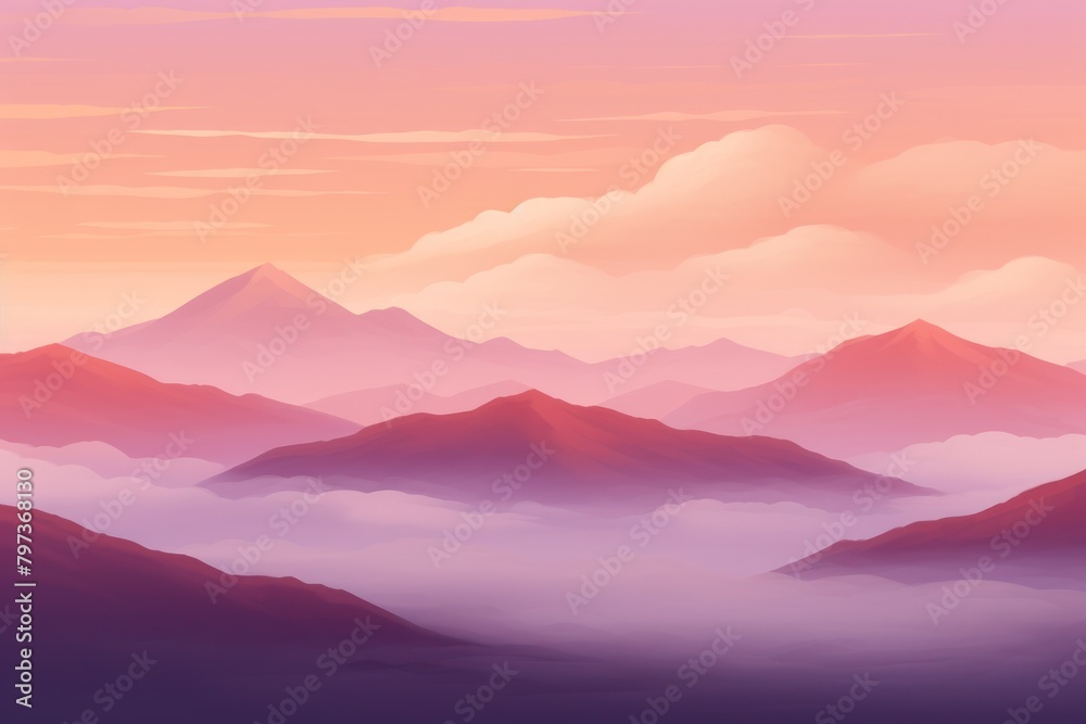 a landscape of mountains with clouds and a pink sky