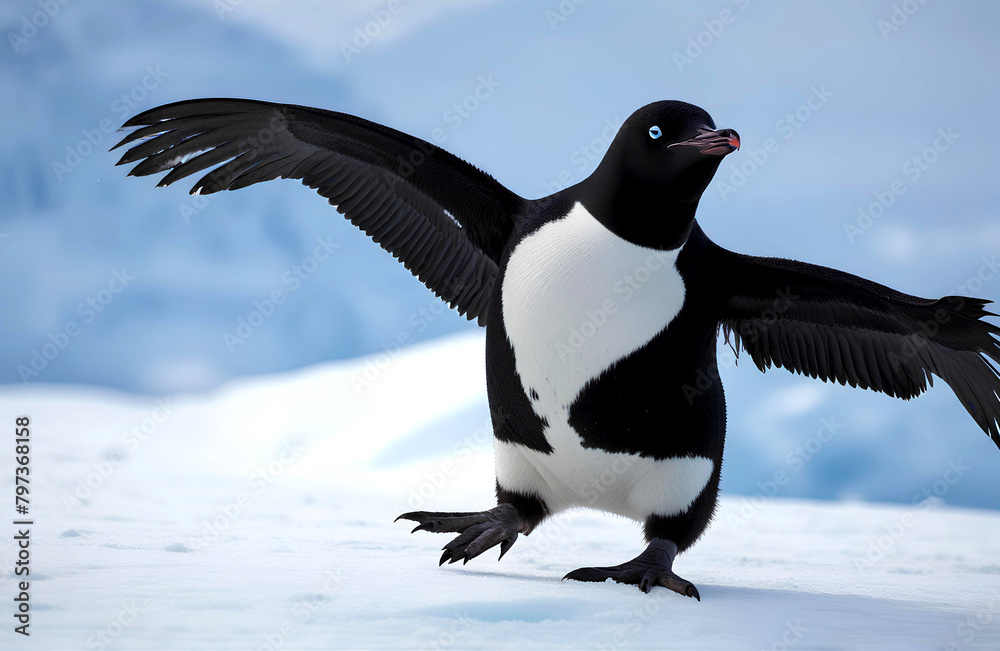 Fototapeta premium Chinstrap penguin (Pygoscelis antarctica) on belly. Generative AI