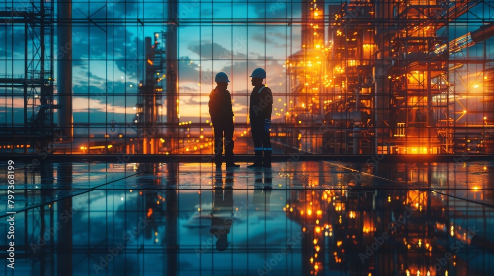 Two men in hard hats stand on a bridge in front of a large industrial plant Two men in hard hats stand on a bridge in front of a large industrial plant