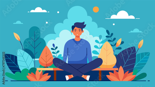 An artful illustration of a man sitting on a bench in a peaceful garden deeply immersed in his mindful meditation practice..