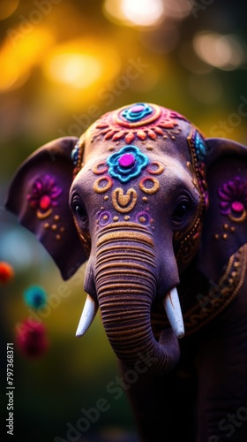 an elephant with colorful designs on its head © Balaraw