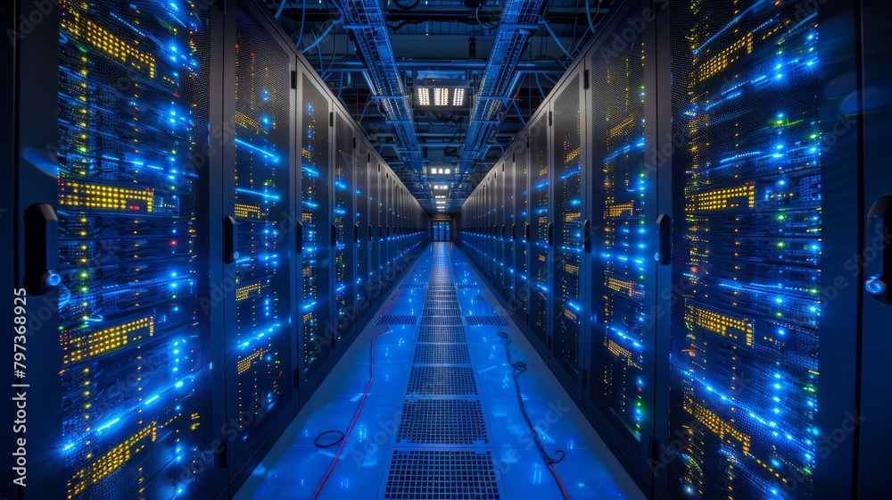 A large room with many computer servers A large room with many computer servers