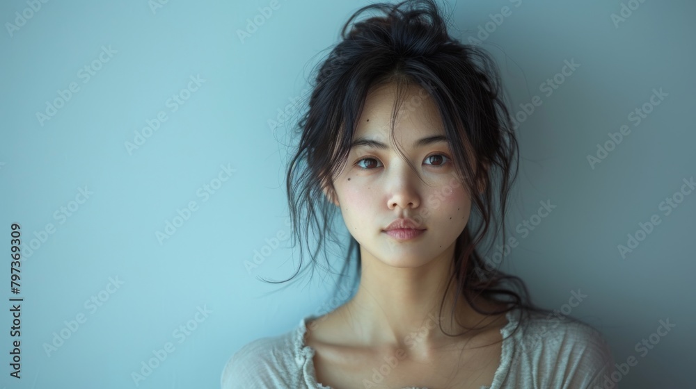 A woman with dark hair and a ponytail is standing in front of a white wall A woman with dark hair and a ponytail is standing in front of a white wall