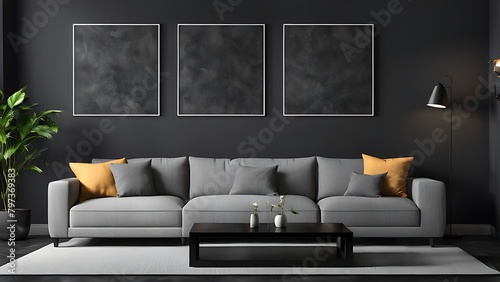  Living room with Frames for art on a black wall. Gallery in dark colors with a gray sofa or couch. Rich exhibition mockup layout triptych. 3d render 