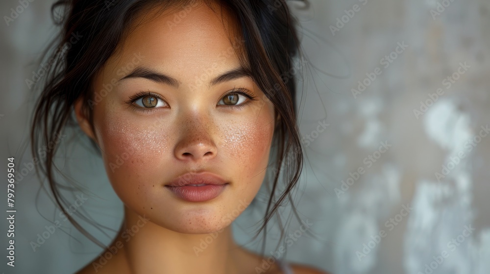 A woman with a green eye and a light brown face A woman with a green eye and a light brown face