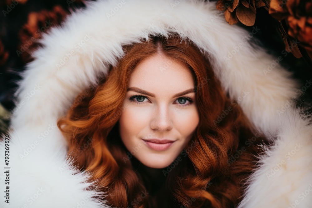 a woman with red hair wearing a white fur hood