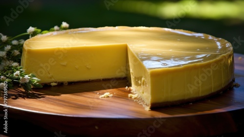 a yellow cheesecake on a wooden surface photo