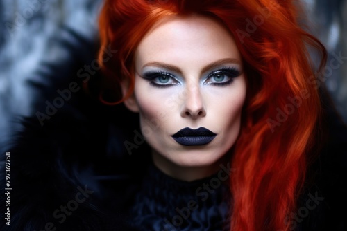 a woman with red hair and black lipstick