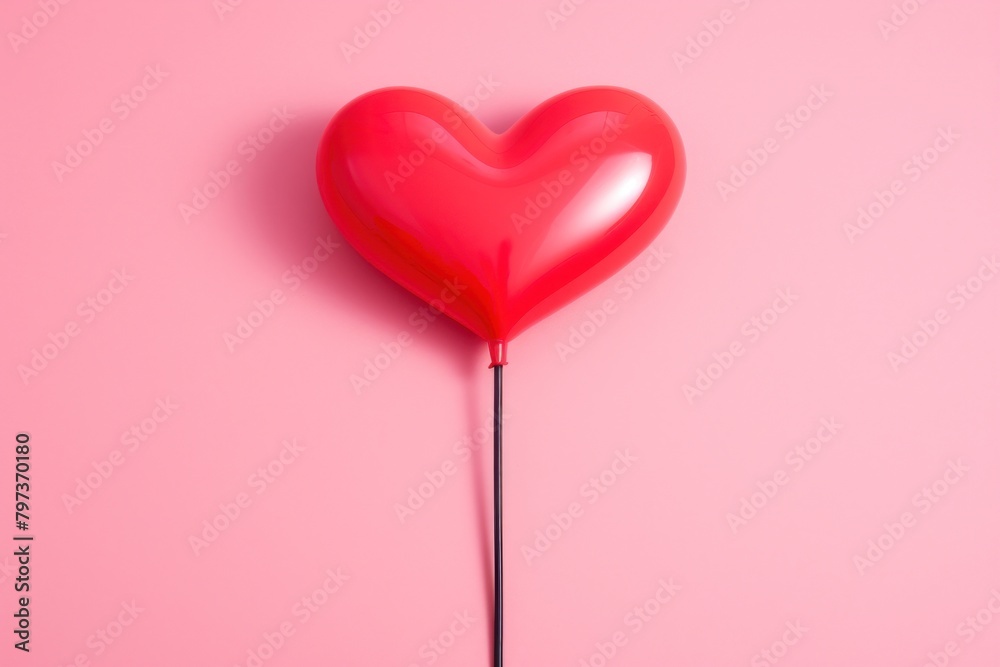 a red heart shaped balloon on a pink background