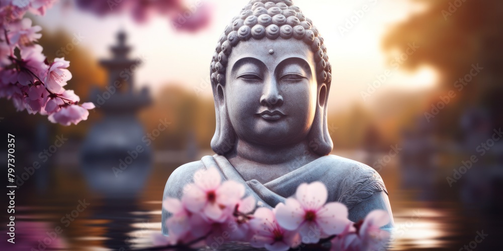 a statue of a buddha in water with pink flowers