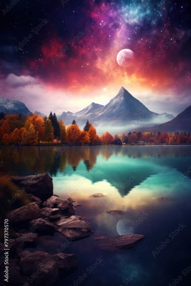 a lake with mountains and a moon