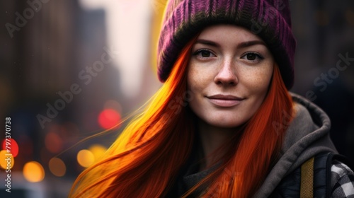 a woman with red hair and a knit hat