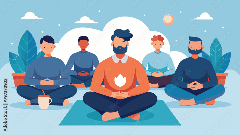 The men in the class sit in quiet reflection their bodies supported by cozy props allowing them to let go of stress and rejuvenate their minds.. The men in the class sit in quiet reflection their bodies supported by cozy props allowing them to let go of stress and rejuvenate their minds..