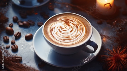 a cup of coffee with a swirl design on top