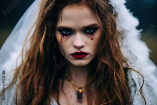 a woman with red lips and white veil with blood on her face