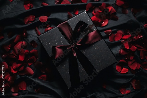 a black gift box with a red bow on a black fabric