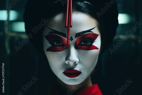 a woman with red and white face paint