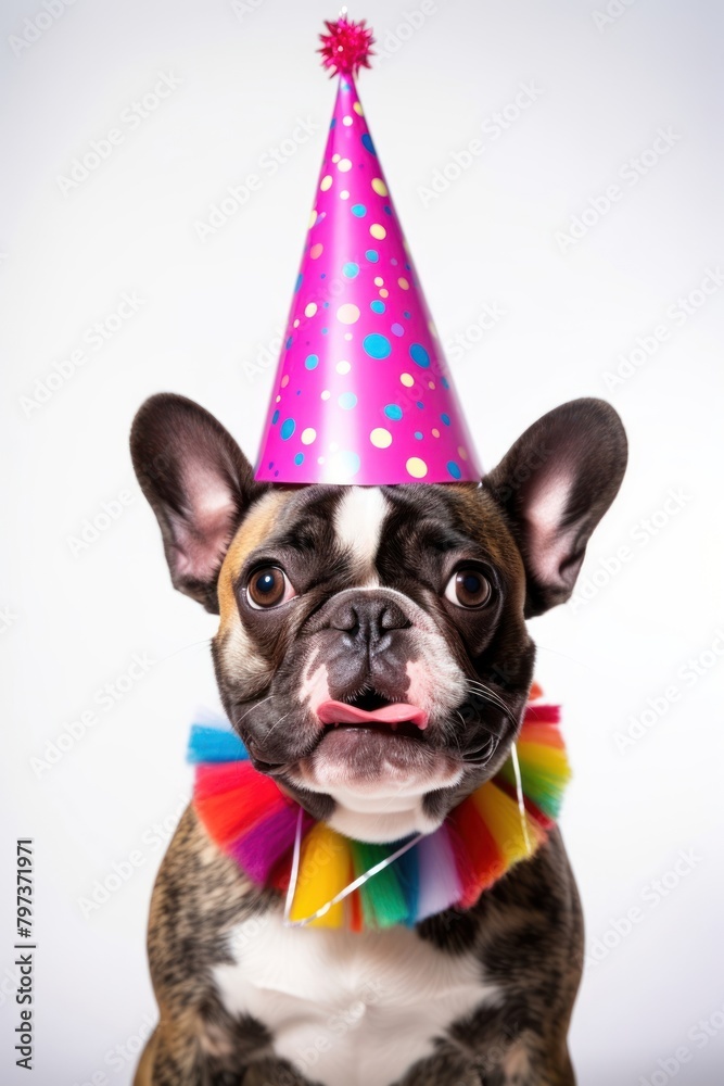 Dog wearing birthday hat.