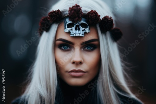 a woman with a skull on her head photo