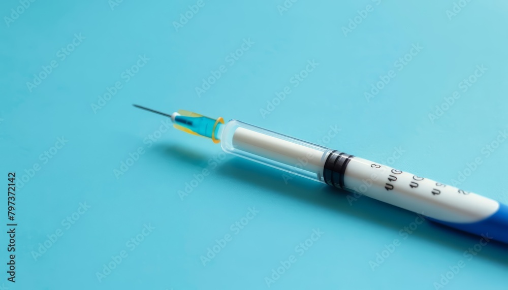 Fototapeta premium A blue and white syringe on a blue background