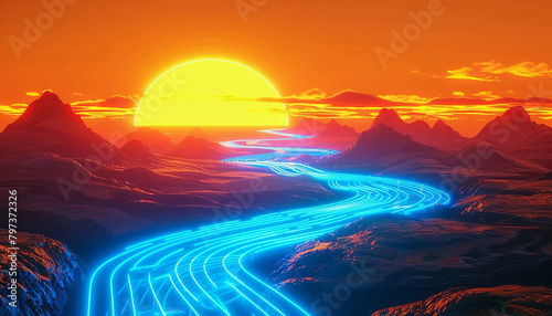 Neon blue pathways against a deep orange canvas, symbolizing digital sunsets. photo