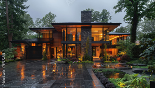A sleek, modernist house with large windows and an exterior of dark wood accents stands against the backdrop of lush greenery on a rainy evening. Created with Ai photo