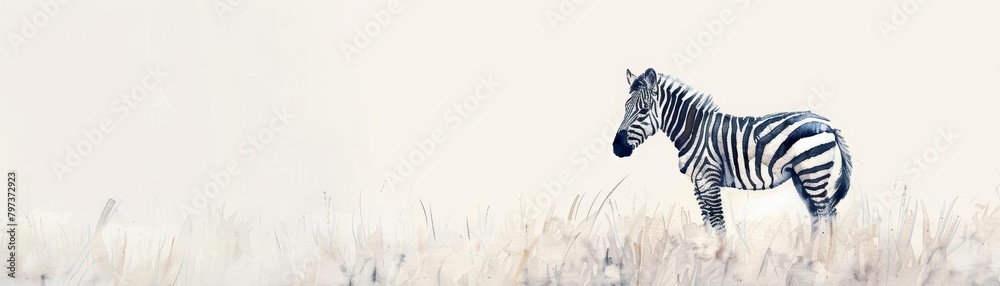 Obraz premium A single zebra stands in a grassy field. The zebra is facing to the left of the viewer. The background is a pale yellow.