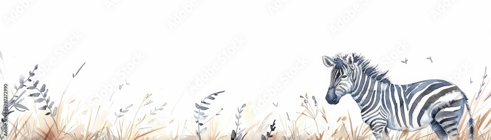 Naklejka premium A watercolor painting of a minimal zebra in a meadow, on a white background