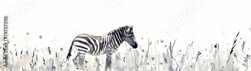 A watercolor painting of a minimal zebra in a meadow  on a white background