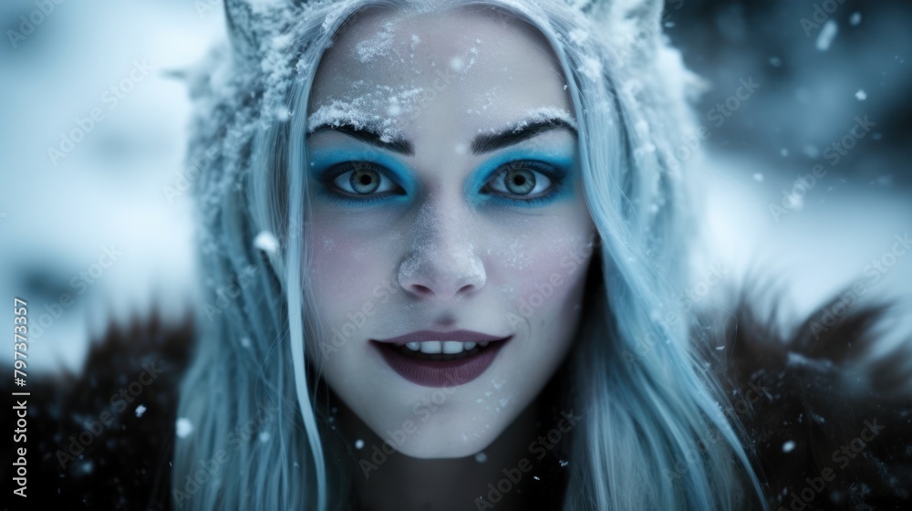 a woman with blue eyes and white hair and cat ears