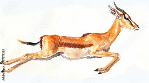 A watercolor painting of a clean antelope leaping gracefully, on a white background