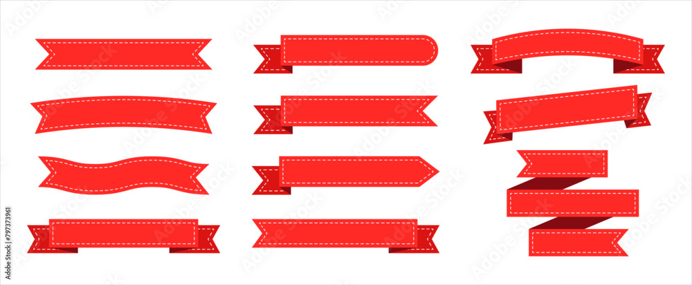 Vector ribbon template set with stitched effect in for product tags and logos. vector flat ribbon template set elements for tag and logo design. Red ribbon tape set stitched in red color.
