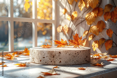  A round, textured stone podium for an autumn-themed cake sits on the windowsill of a sunlit room with golden leaves scattered around it. Created with Ai