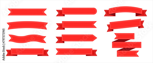 Vector ribbon template set with stitched effect in for product tags and logos. vector flat ribbon template set elements for tag and logo design. Red ribbon tape set stitched in red color.