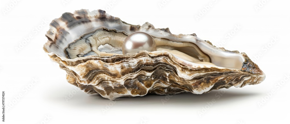 An oyster lies flat, its rough, uneven shell encasing a smooth, glistening pearl, isolated on white background An oyster lies flat, its rough, uneven shell encasing a smooth, glistening pearl, isolated on white background