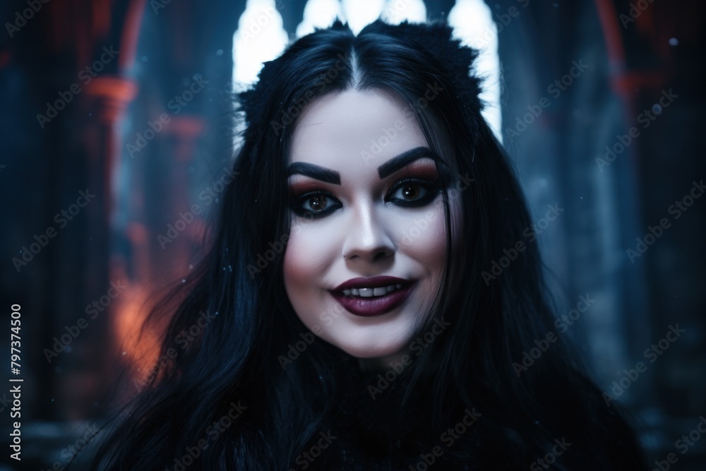 a woman with dark hair and dark makeup