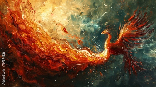 Phoenix rebirth, fiery impressionist swirls, mythical warmth , Stable Diffusion