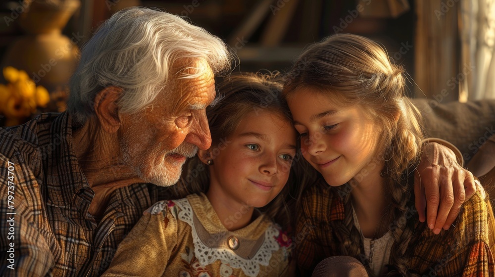 A man and two children are sitting together on a couch