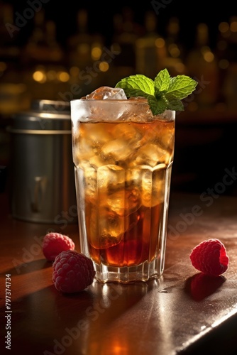 a glass of ice tea with raspberries and mint leaves