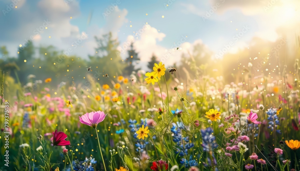 A field of flowers with a blue sky and white clouds in the background