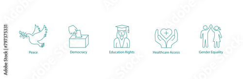 Vector Icons: Advocating for Peace, Democracy, Educational Rights, Healthcare Access, and Gender Equality