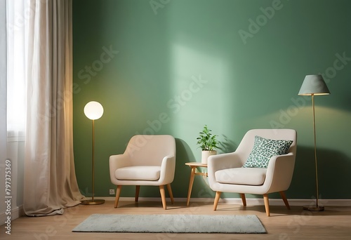 Workplace in Peach Fuzz 2024 color trend. Painted walls and rich furniture - chairs and table with lamp. Pastel painting background. Large home office .