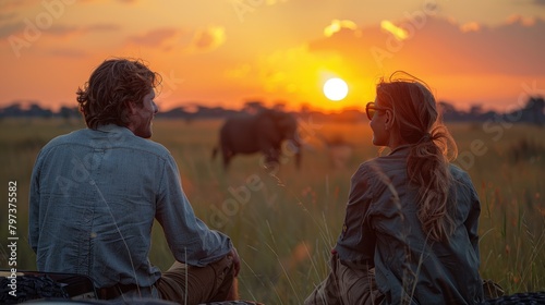 couple on wildlife sitting safari in the afternoon looking at the sunset