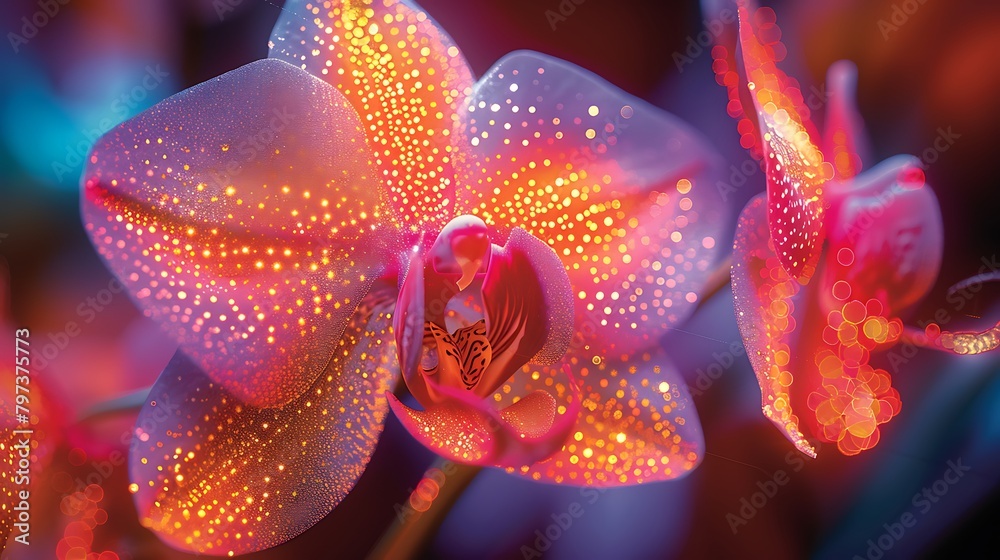 Produce a digital graphic of an exotic flower, such as an orchid, using a high-contrast, pop art style Produce a digital graphic of an exotic flower, such as an orchid, using a high-contrast, pop art style