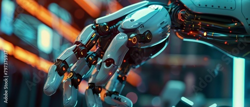 A close up of a robotic hand with a glowing light on the palm. The hand is reaching out towards the viewer. The background is a blurred out image of a futuristic city.