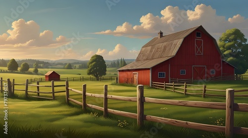 Farmyard outside scenery landscape vector illustration. Wooden barn farm house.generative.ai