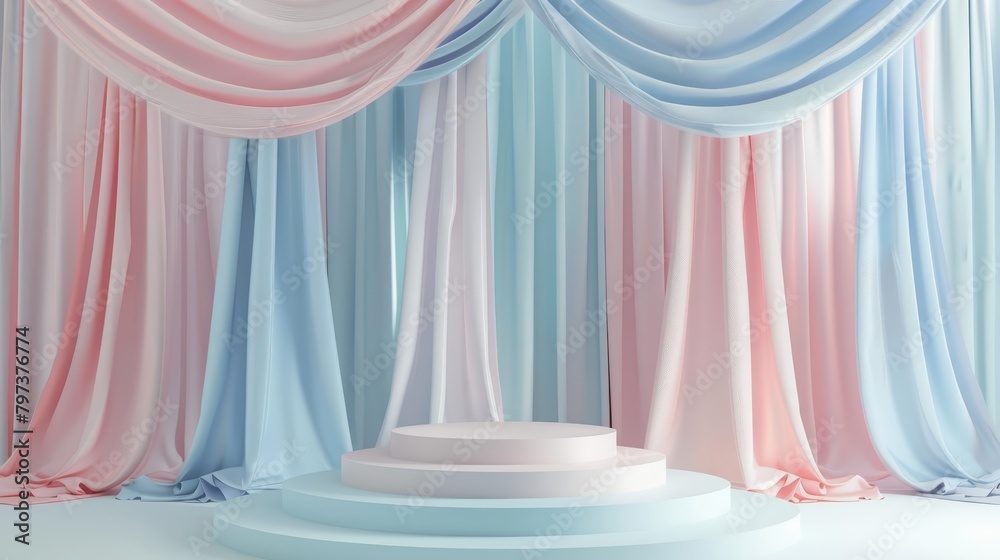 Pink and blue pastel color podium with pink and blue pastel color curtains