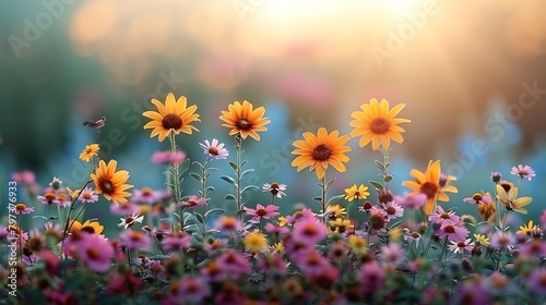 Summer Bloom  Depict the same garden in full summer bloom  with lush  mature flowers like sunflowers and roses