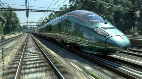 A train is moving down the tracks with a green and silver color scheme