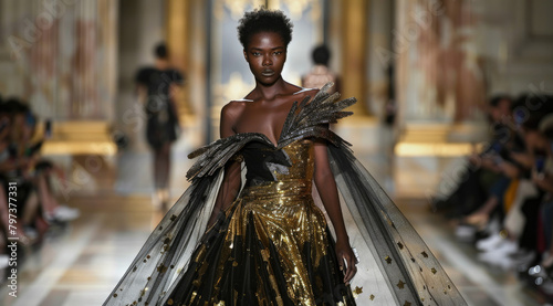 a model in an elegant black and gold dress with flowing cape, on the runway of Paris fashion week